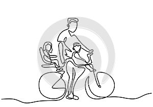 Father with his little son and daughter riding bicycles together continuous one line hand drawn art minimalist style. Happy family