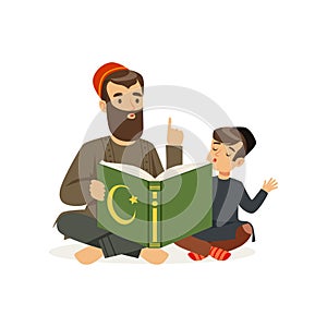 Father and his little son sitting on floor and reading holy book. Islamic religion. Muslim family. Cartoon religious