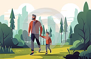 Father and his little son walking outdoor in the mountain forest