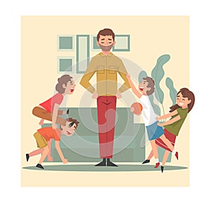 Father and His Mischievous Children, Happy Kids Having Fun at Home, Naughty, Rowdy Children, Bad Child Behavior Vector