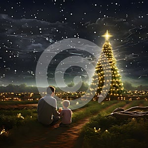 A father and his son in a clearing, observing a large Christmas tree with illuminated lights at night. Xmas tree as a symbol of