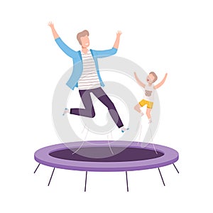 Father and his Son Jumping on Trampoline, Parent and Kid Having Fun Together, Active Healthy Lifestyle Flat Style Vector