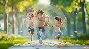 Father and his sons are running in the park. Postcard for Fathers day. 3d illustration