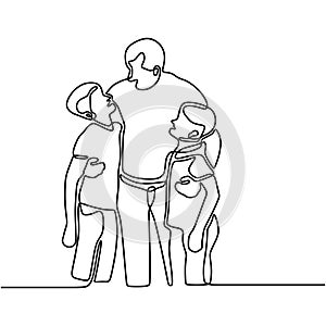 Father and his two children of son and daughter continuous one line drawing. Happy family father hug two children. Father`s day