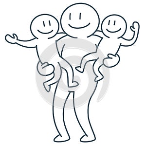 Father hold children by hands - simple line art illustration for Father`s day