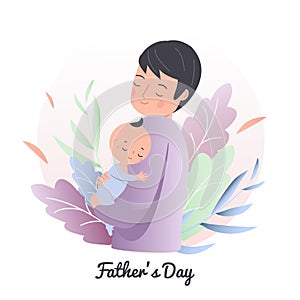 Father hold little sleeping child. Dad with baby. Man nurse toddler. Fathers day concept illustration. Parenting character