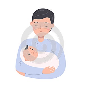 Father hold little sleeping child. Dad with baby. Man nurse toddler. Parenting character