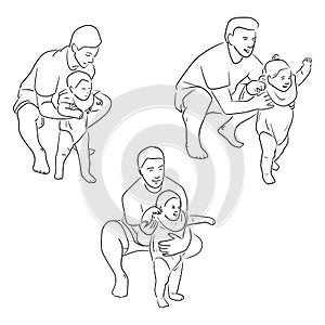 Father holding child by the hands and learning to walk vector illustration sketch doodle hand drawn with black lines isolated on