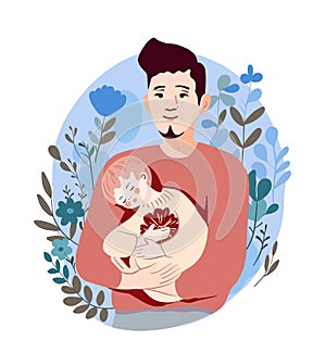 Father holding his baby in his arms. Flat vector illustration. Dad and child together in plants, flowers. Modern design