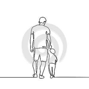 Father holding his son walking continuous one line drawing