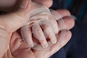 Father holding a newborn baby hand in his. Child hand closeup into parent hands together