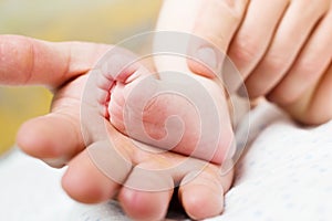 Father holds in his hands a little foot of newborn baby.