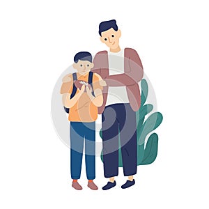 Father hug and support son having fail playing rugby football vector flat illustration. Parent taking care and feeling