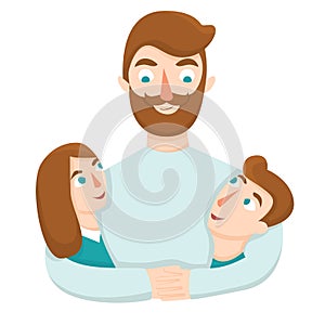 Father hugging his daughter and son. Father and children looking at each other vector illustration.