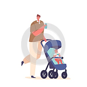 Father Hydrates While Tending To His Child, Male Character Sipping Water From A Bottle As They Stroll Together