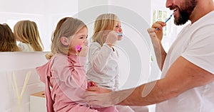 Father, kids and brushing teeth dental healthcare, cleaning and bathroom hygiene in family home. Happy dad teaching