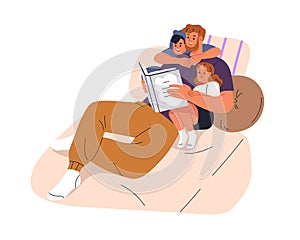 Father and kids reading fairytales in bed. Happy dad, son and daughter at family time with book. Daddy and children, boy