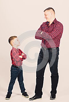 Father little son red shirts family look outfit. Best friends forever. Happiness being father of boy. Dad and adorable