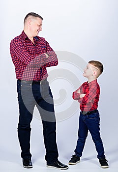 Father little son red shirts family look outfit. Best friends forever. Happiness being father of boy. Dad and adorable