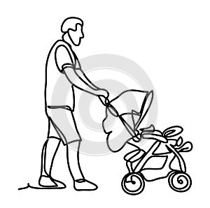 Father with little son in stroller. Sunny park. Continuous line drawing. Isolated on the white background. Vector