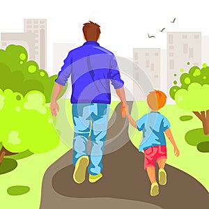 Father and little son walking in the park together holding hands. Happy Father's Day concept.Vector illustration.