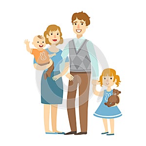 Father, Mother, Baby Boy And Little Daughter,, Illustration From Happy Loving Families Series