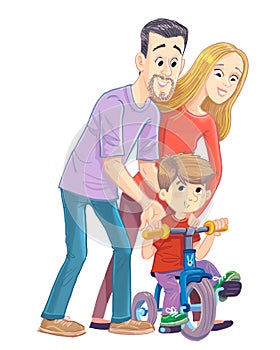 Father and mother with a boy on tricycle