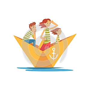 Father, Mother and Child in Green White Striped T-Shirts Boating on River, Lake or Pond, Family Paper Boat Vector