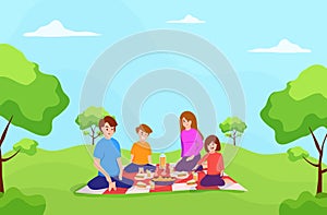 Father,Mother,daughter and son sitting on mat together,in a park,picnic time
