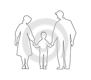 Father and mother figure holding hands with child. Mom with dad and son. Vector illustration