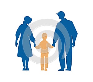 Father and mother figure holding hands with child. Mom with dad and son. Vector illustration for concepts of family