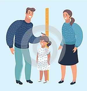 Father and mother measuring girl kid height with painted graduations on the wall arrow.