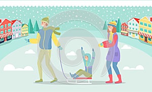Father, mother and son on a winter walk, dad with boy ride on sleigh have fun in a snowy city street