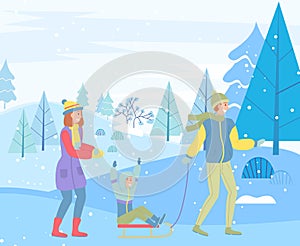 Father, mother and son on a winter walk, dad with boy ride on sleigh have fun in a snowy forest