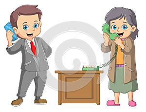 Father and mother talking on a retro wired telephone