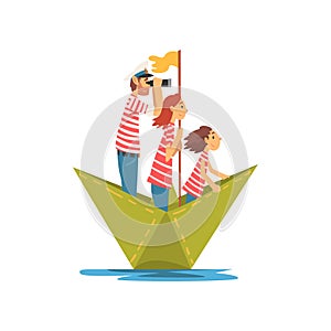 Father, Mother and Their Child in Red White Striped T-Shirts Boating on River, Lake or Pond, Family Paper Boat Vector