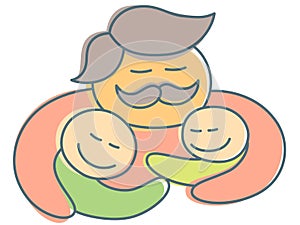 Father with mustache hug children at Father`s day - unusual style illustration