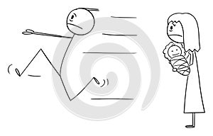 Father of New Born Baby is Running Away from Responsibility or Parenthood, Vector Cartoon Stick Figure Illustration