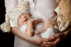 Father and Newborn Baby, New Born Kid Sleeping on Fathers Hands