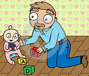 Father playing with baby girl in children's room