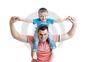 Father playing with kid son isolated on white