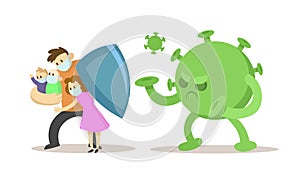 Father protecting his wife and children big from green virus with a shield. Quarantine situation, Covid-19 virus world