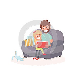 Father read a storybook to his daughter on a couch. Dad with kid on a couch together. Cute illustration of parenthood