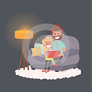 Father read a storybook to his daughter at night. Dad with kid on a couch together. Cute illustration of parenthood