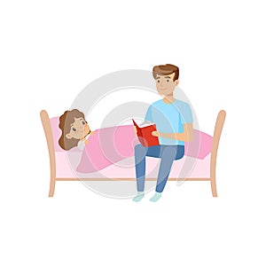 Father reading bedtime story for his daughter who is falling asleep at night vector Illustration on a white background