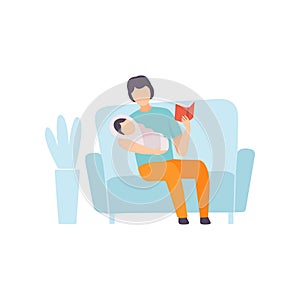 Father Reading Bedtime Story to His Baby, Parent Taking Care of His Child Vector Illustration