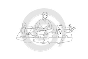 Father reading bedtime story to kid line vector
