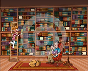 Father reading a book to his son on a big library.