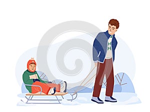 Father rides his son on a sleigh on the snow. New Year, Christmas holidays active and fun spending time together. Winter