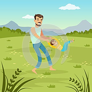 Father rotating his son on nature dad and son playing together on meadow, family leisure flat vector illustration